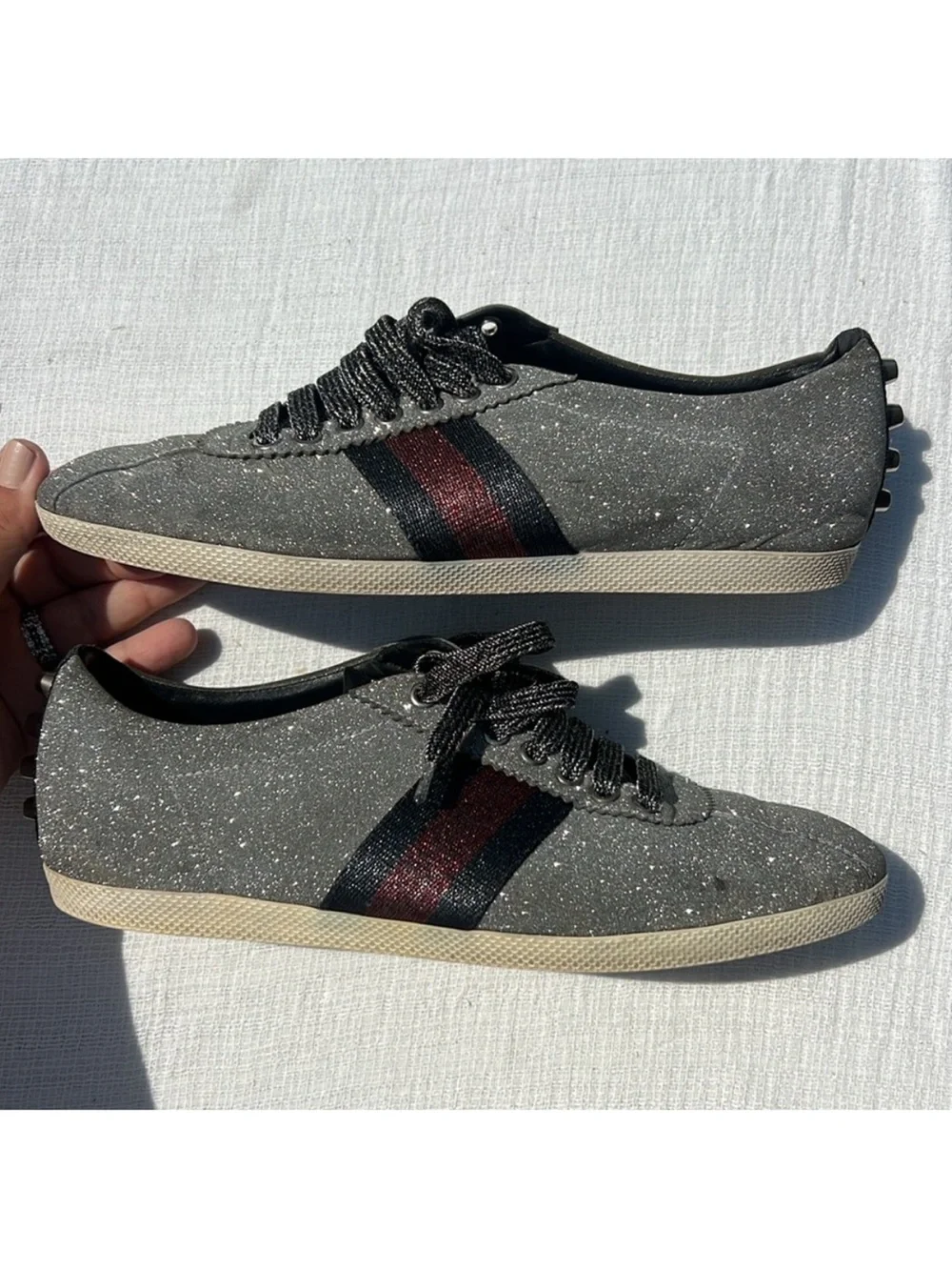 $895 Gucci Metallic Silver Glitter Bambi Web Detail Studded Low Top Sneakers 9